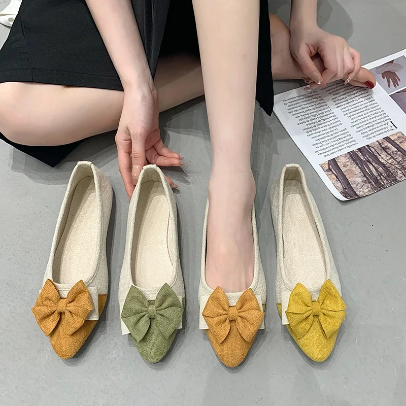 Spring New Color Matching Flat-bottomed Fashion Versatile Women's Shoes Suede Bow Pointed Single Shoes 6999