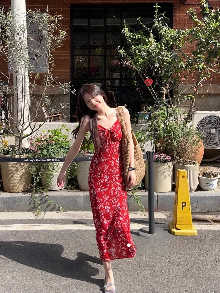 กระโปรงชายหาดลายดอกไม้สีแดง ter Dr กระโปรงชายหาดฤดูร้อนของผู้หญิงกระชับสัดส่วนยาว Dr Commute Sle No Sve V-Ne A-...