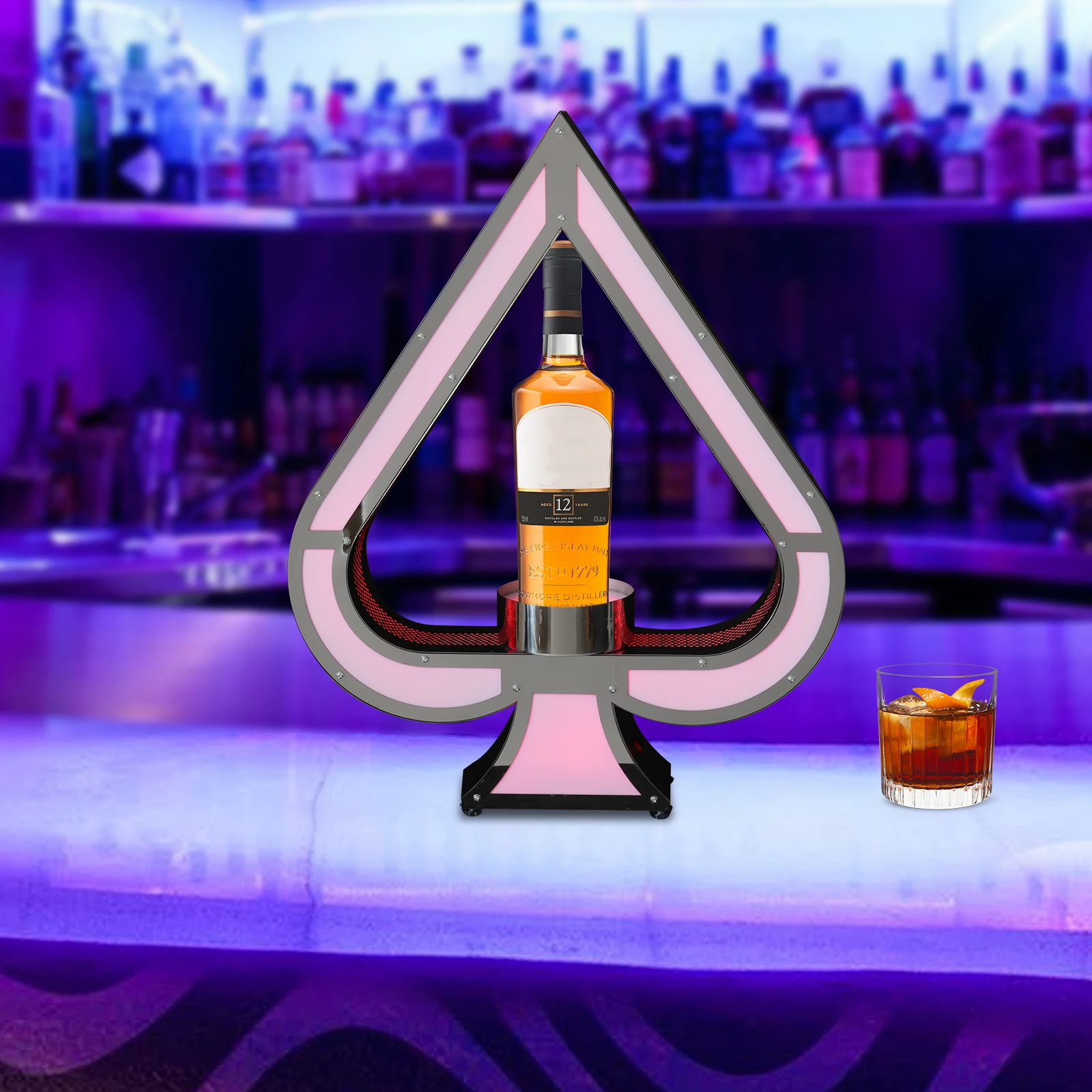 

Wall-Mounted Wine Rack with LED Lighting, 7 Light Colors, Stainless Steel and Acrylic Construction, Ace of Spades Design for