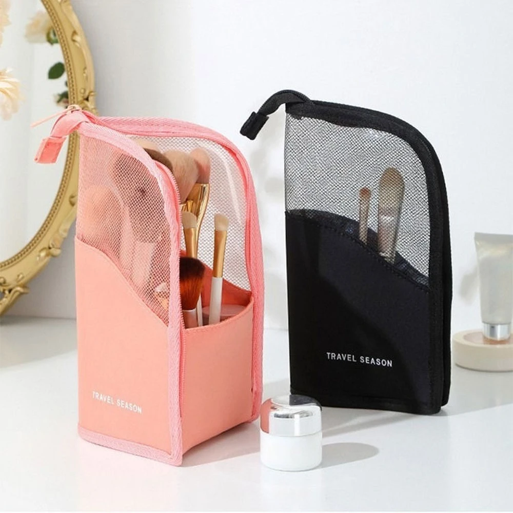 Makeup Brush Organizer Bag Foldable Clear Mesh Standing Holder Portable Quick Dry Cosmetic Case For Women Travel Desktop Storage