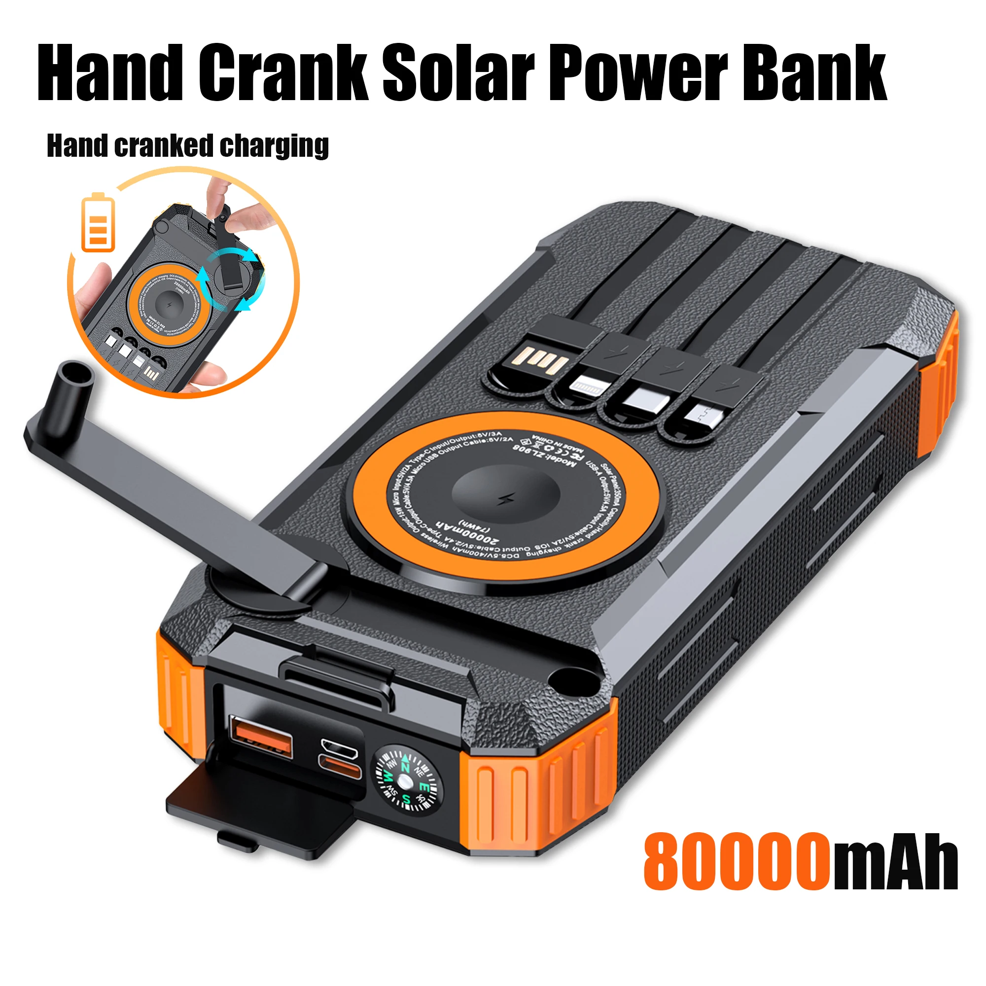 NOUVEAU 2026 – Batterie Externe Solaire 80000mAh 22.5W Magnétique Sans Fil avec Manivelle et Câble – Chargeur Portable pour Camping en Extérieur