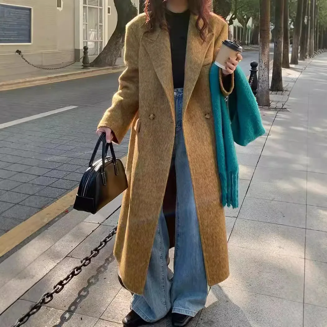 Right angled shoulder pads, high-end double-sided wool coat, women's extended version 2024 new suit collar, temperament woolen