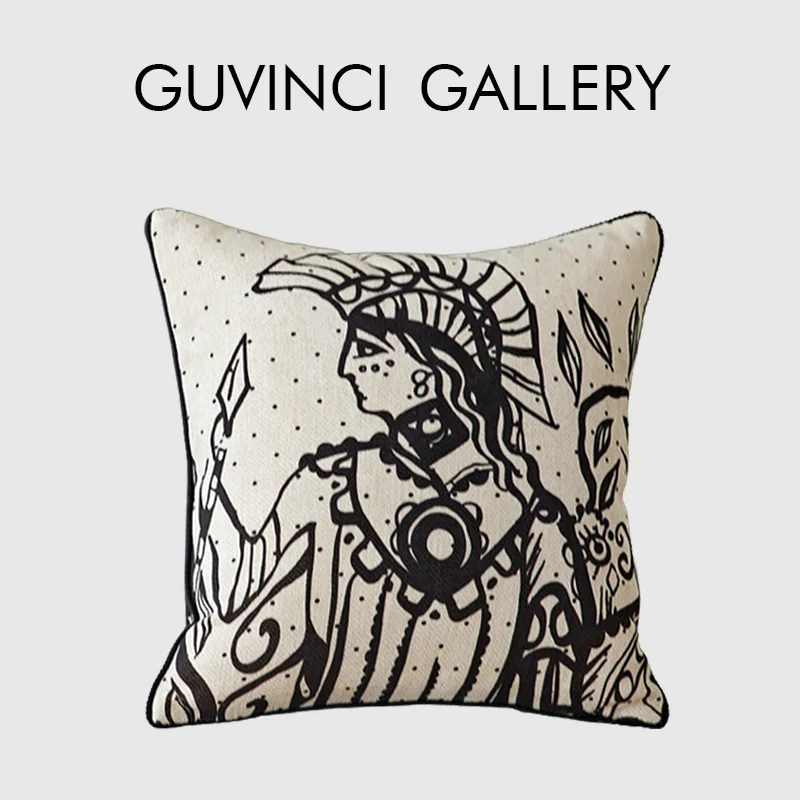 GUVINCI Black And White Retro Senior Sense Cushion Cover Ancient Greek Female Warrior Print Luxury Decorative Pillow Color 45x45