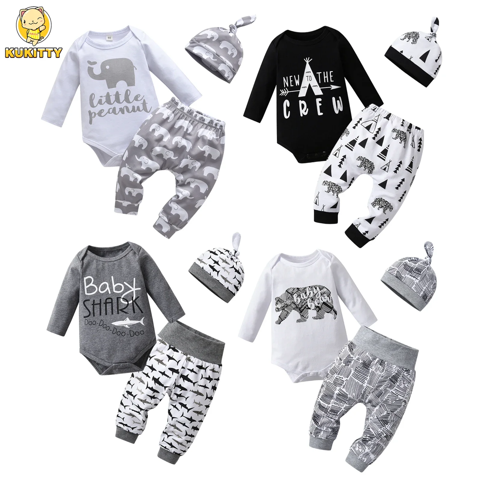 Newborn Infant Baby Boy Clothes Cotton Sets Long Sleeve Romper Pant Hats Fashion Printed 3Pcs Outfit