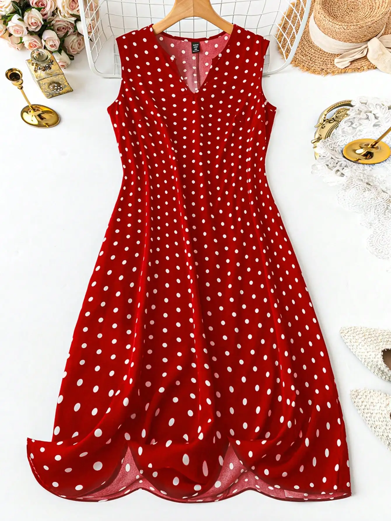 

Red Polka Dot Sleeveless V-Neck A-Line Midi Dress for Summer Casual Wear