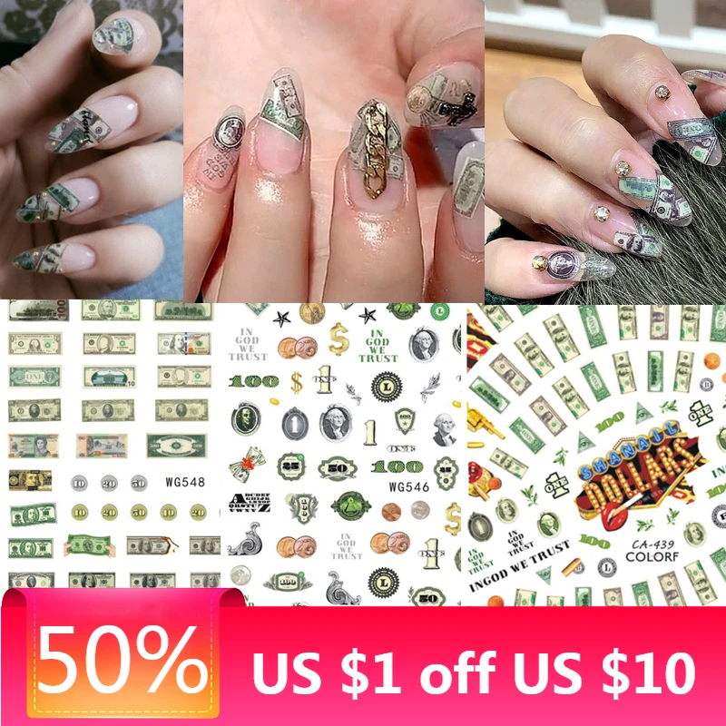 1 Sheet 3D Fashion Letters Nail Art Stickers Money Dollar Design Adhesive Nail Art Decorations Rich Wealthy Style Nail Decals