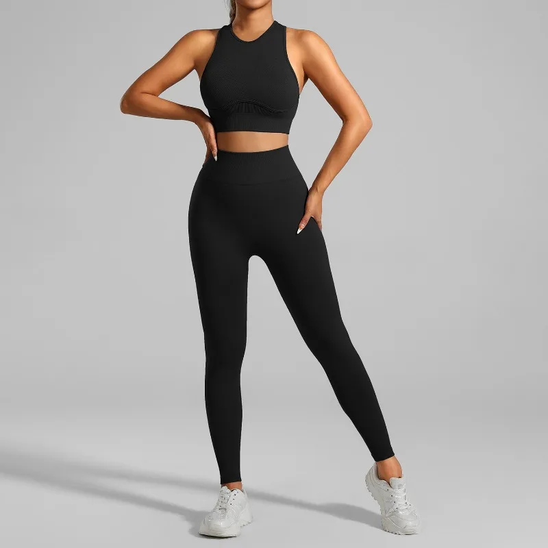

High-Intensity Running Yoga Suit Set for Women, Seamless Fitness Threaded Tank Top, Breathable Sports Bra Set