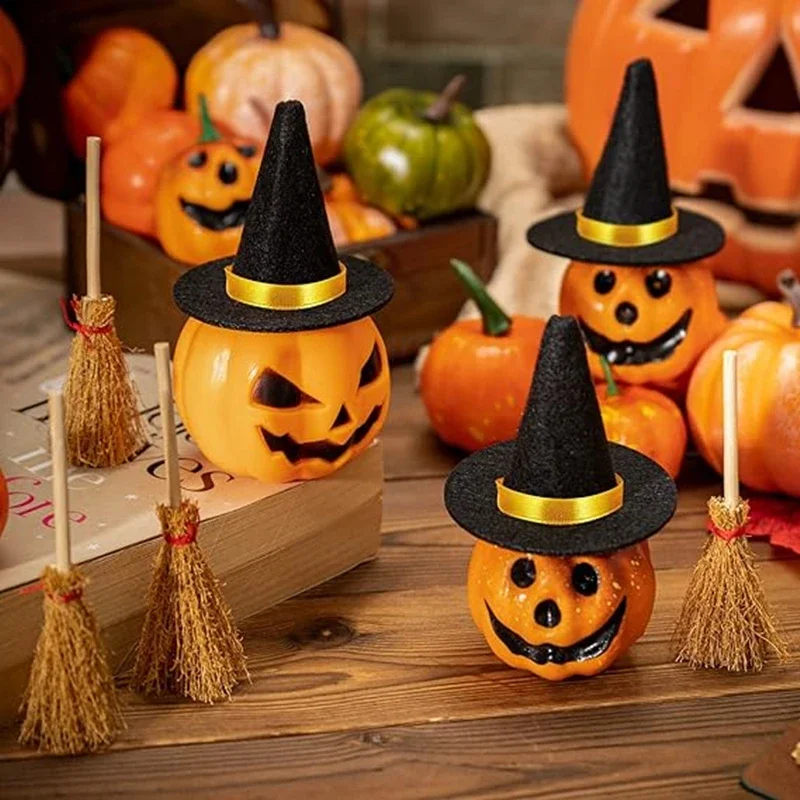 10PCS Mini Felt Witch Hats and Mini Witch Broom Halloween Decorations Wine Bottle Topper DIY Crafts Cosplay Party Supplies