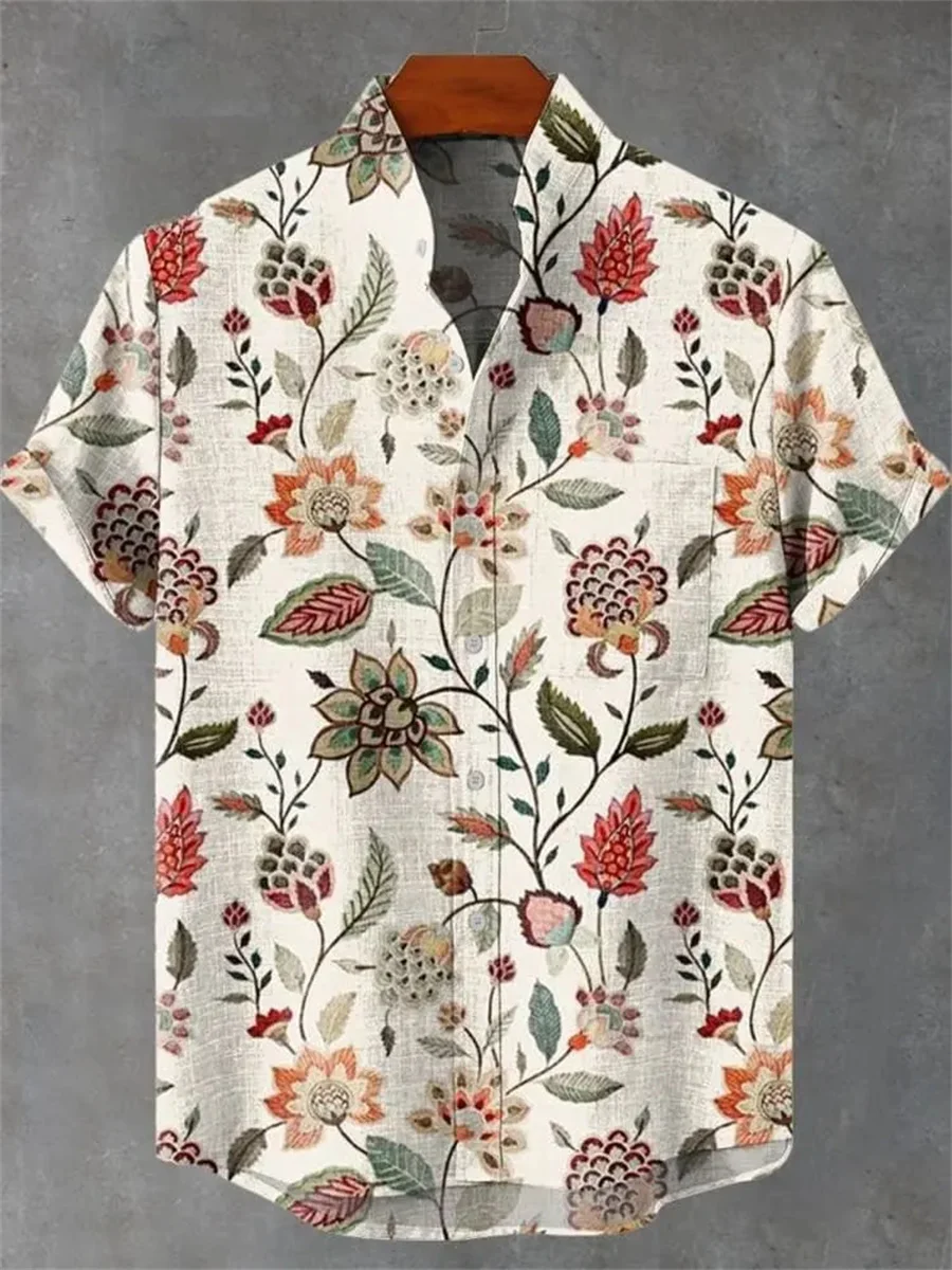 

2025 new hot selling men's irregular pattern printing casual street fashion trend retro linen stand collar short sleeve shirt