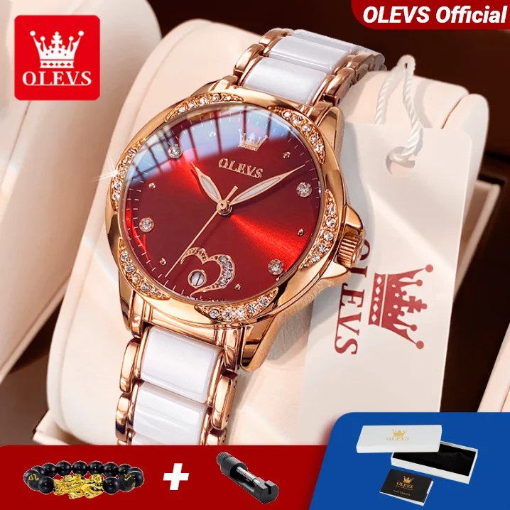 ساعة OLEVS 6631 ميكانيكية أوتوماتيكية للسيدات أنيقة فاخرة من الماس على شكل قلب هيكل عظمي تاريخ تلقائي للسيدات