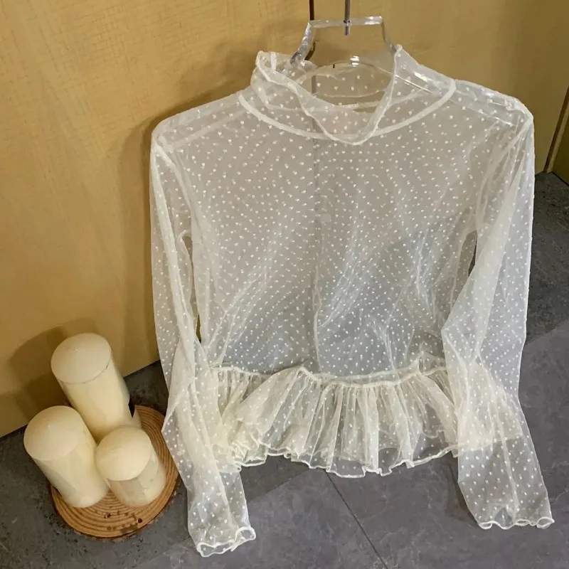 

Women's White Polka Dot Sheer Blouse High Neck Ruffle Hem Long Sleeve Elegant Chiffon Top