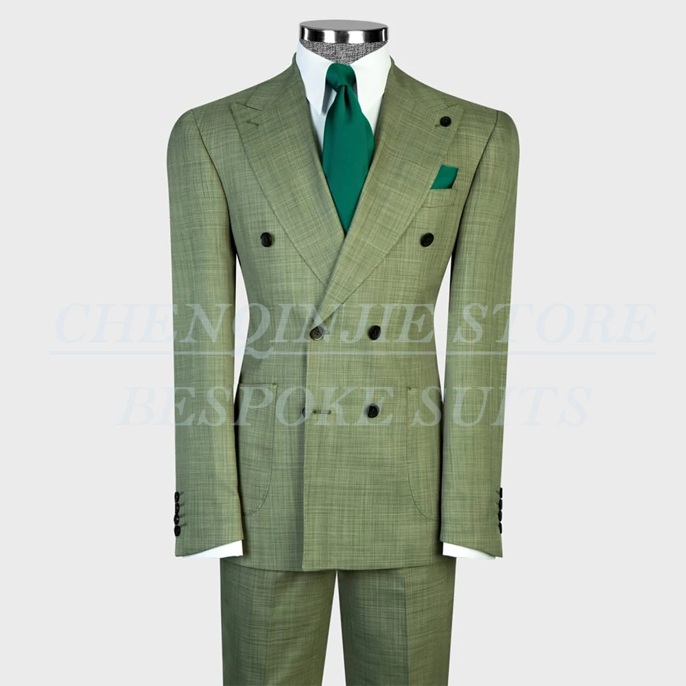 

Fashion Solid Color Suits For Men 2026 Tailor Made Double Breasted Peak Lapel Blazer Luxury Wedding 2 Piece Jacket Pants
