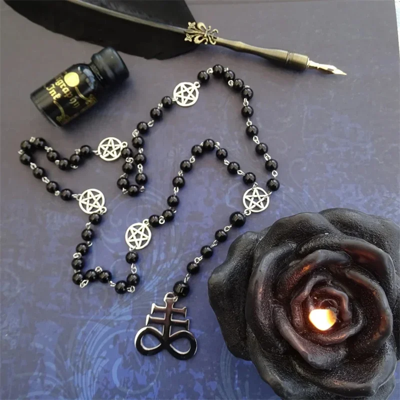 PERSONALIZED Black Rosary with a Stainless Steel Leviathan Cross, Satanic Necklace, Black Pearl Necklace, Demons Prayer Chain