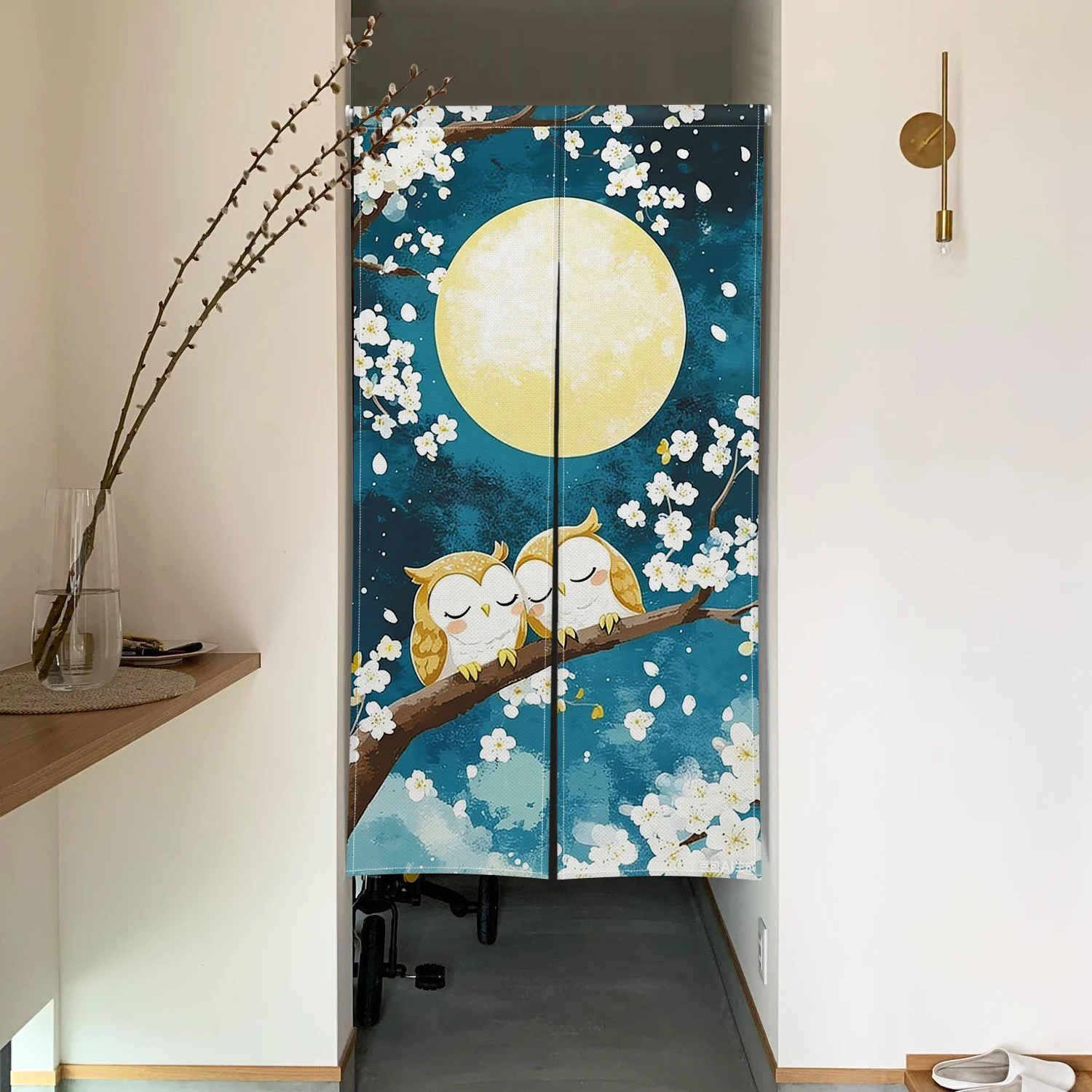 Japanese Nature Noren Door Curtains Moon Cherry Blossom Pattern Linen Doorway Curtains Kitchen Entrance Hanging Half Curtains