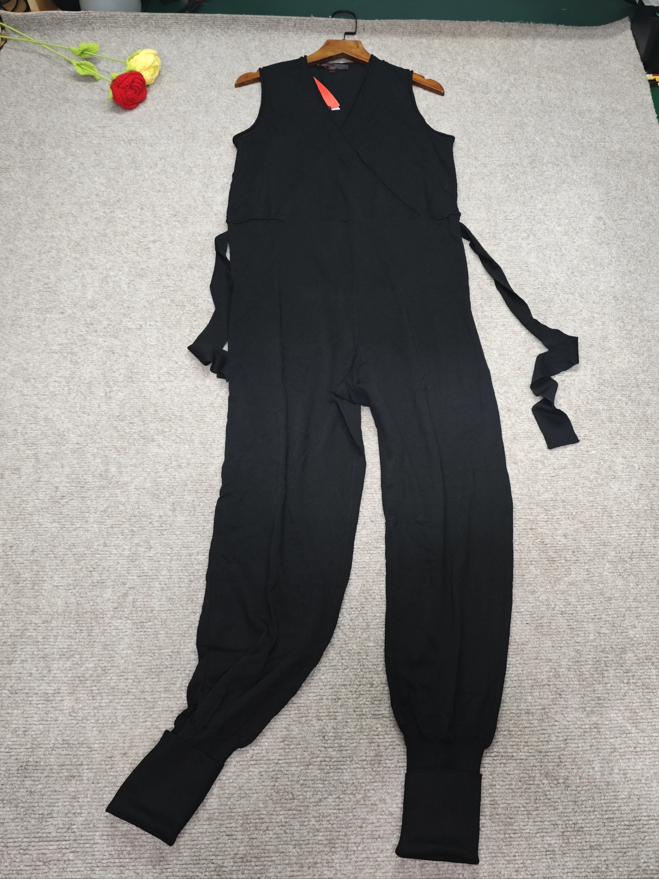 

Удобные черные брюки с V-образным вырезом для женщин, с высокой талией, с поясом, прямые, длинные, для офиса и на каждый день, летние