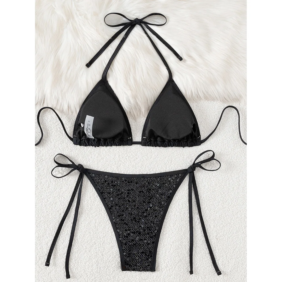 Funkelnder Bikini mit Pailletten, Neckholder und hohem Beinausschnitt, Damen-Badeanzug, zweiteiliges Bikini-Set, Badebekleidung, Badeanzug, Modell V6678. – Detail 28