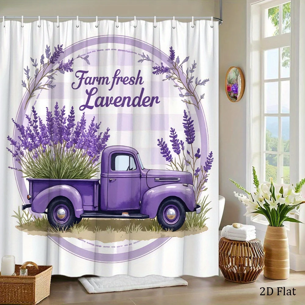 1pc Vintage Purple Pickup Truck with Lavender Bouquet Shower Curtain - Polyester, 