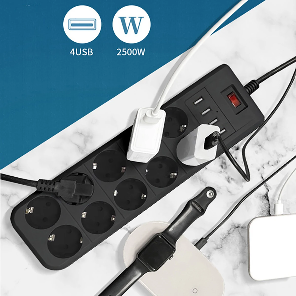 EU Power Strip Network Filter Multi Electrical Socket 10 Outlets 4USB Ports Fast Charging 6.5FT Extenstion Cord Surge Protector