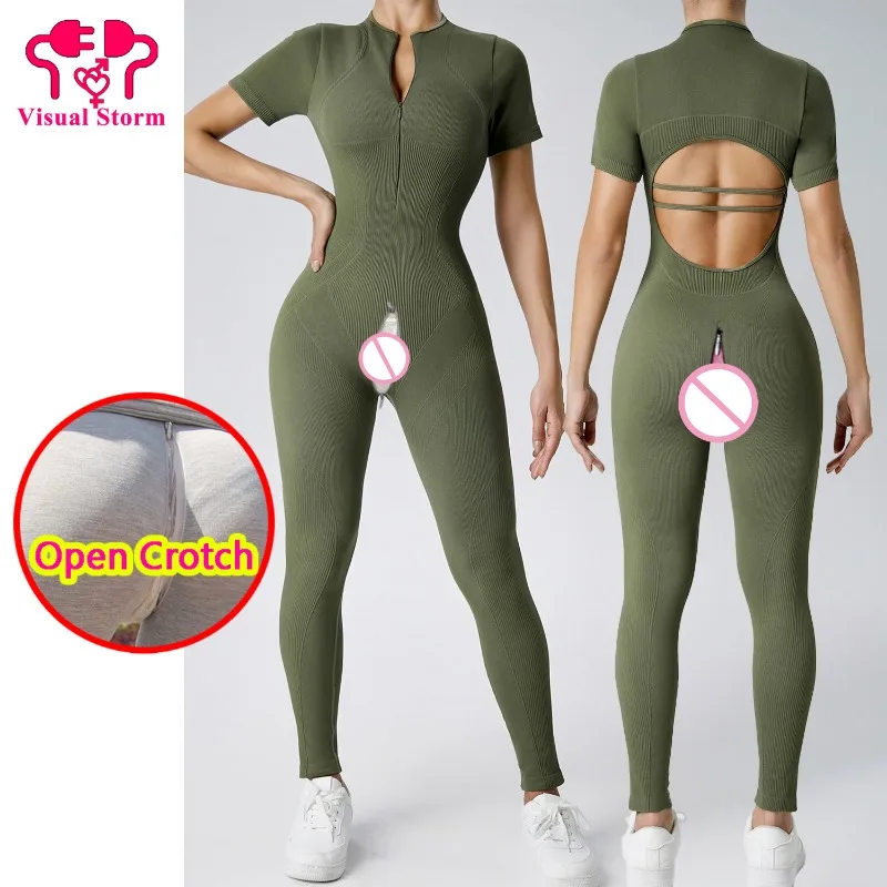 Open Crotch Sexy Woman Pants Sexy Gym Bodysuits Invisable Zippers Hollow Out Backless Jumpsuits Crotchless Butt Lift Leggings