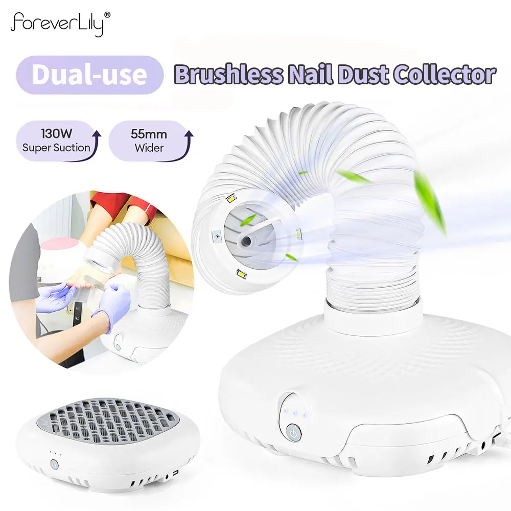 130W Double Use Nail Dust Collector Brushless Nail Dust Extractor Powerful Nail Art Manicure Vacuum Cleaner with LED Tube