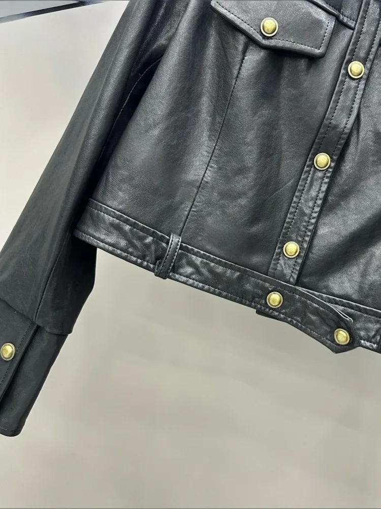 Damska kurtka motocyklowa z prawdziwej skóry, jesień, jednorzędowa, punkowa, z wykładanym kołnierzem, krótki płaszcz, odzież uliczna, casualowa odzież wierzchnia, damska.