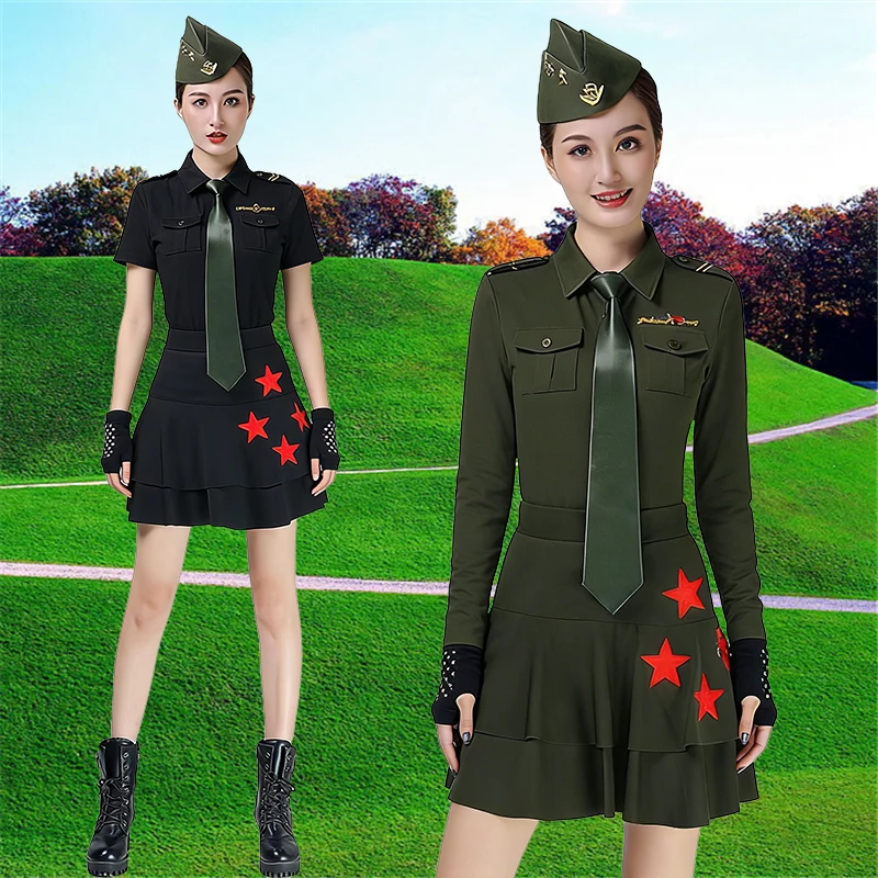military-style-square-dance-set-women's-fashion-long-sleeve-top-short-skirt-performance-clothes-green-black-dance-outfit