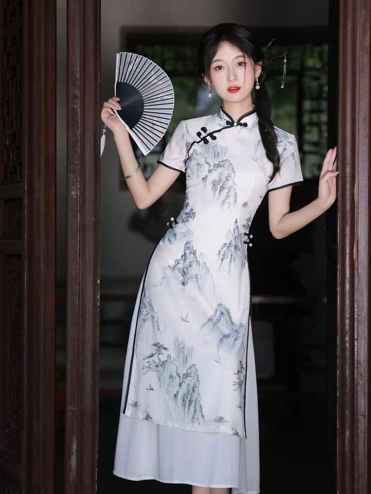 

Новое дышащее белое улучшенное вечернее платье в стиле династии Цин с коротким рукавом для повседневной носки, стройнящее фигуру