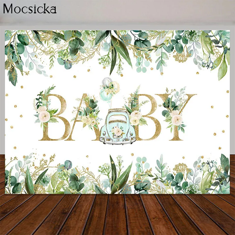 

Baby Shower Backdrop For Photography Green Leaves Boy Birthday Decoration Photoshoot Background Cake Table Banner Photo Props