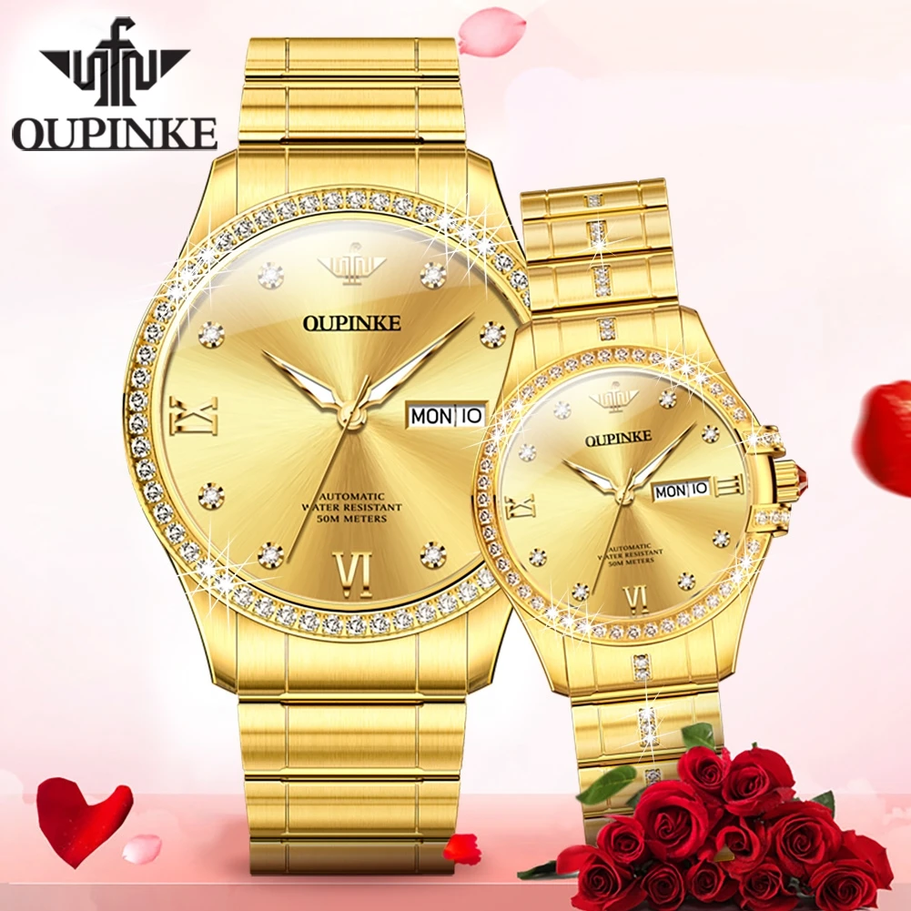 OUPINKE 3195 reloj de pareja de diamantes para hombres y mujeres, calendario resistente al agua de acero inoxidable, conjunto de relojes mecánicos automáticos luminosos de lujo