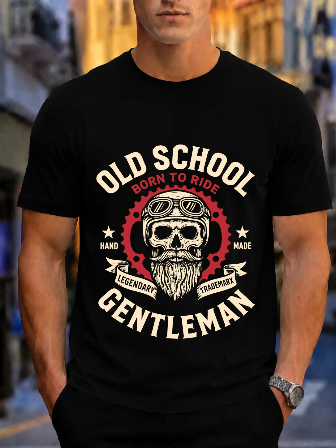 2026 New Cotton T-Shirt Old School Born To Ride Biker Gentleman Skull Print Fashion Short Sleeve Tee