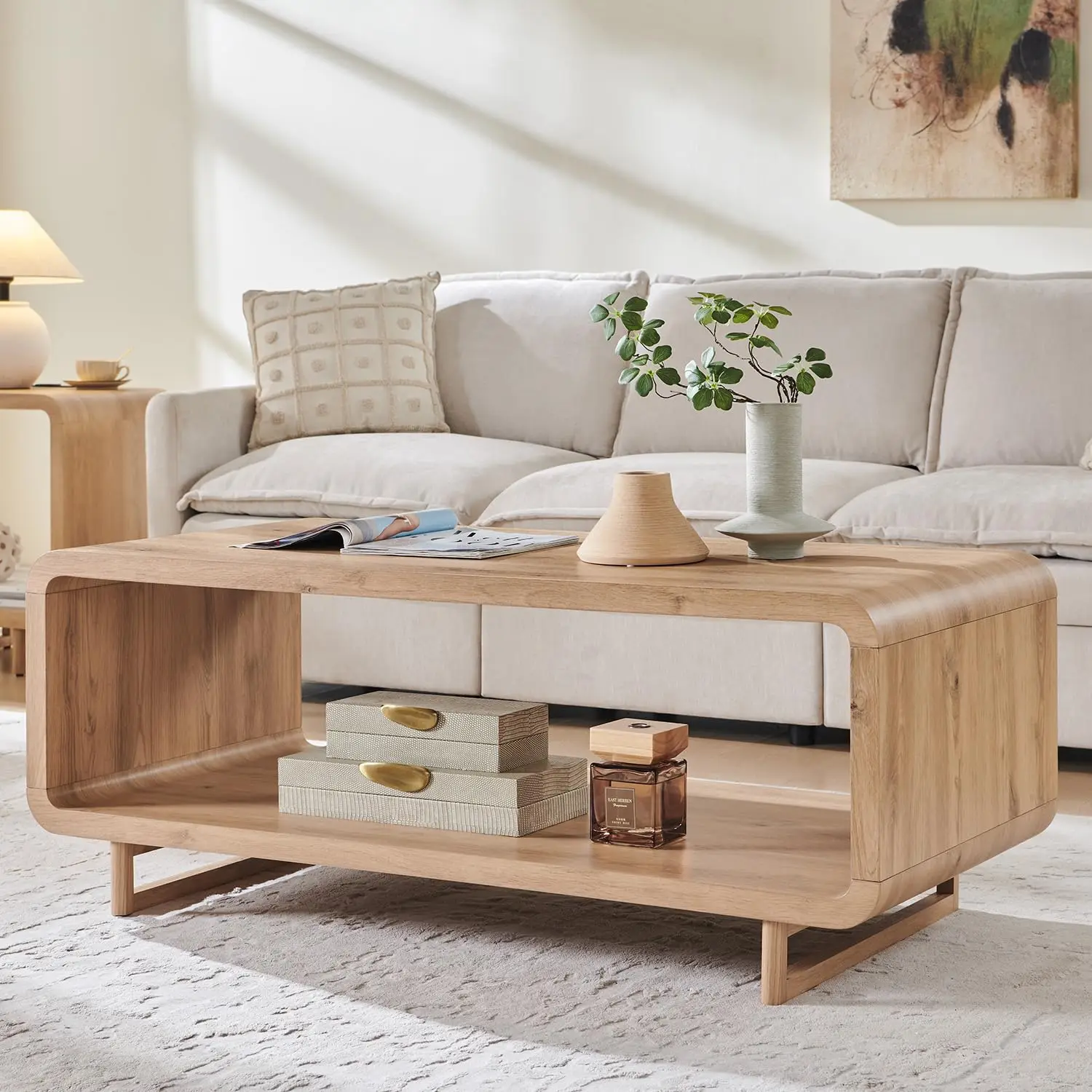 

48" Modern Coffee Table, 2-Tier Minimalist Center Table with Storage Shelf, Curved Profile Design, Wooden, Customized