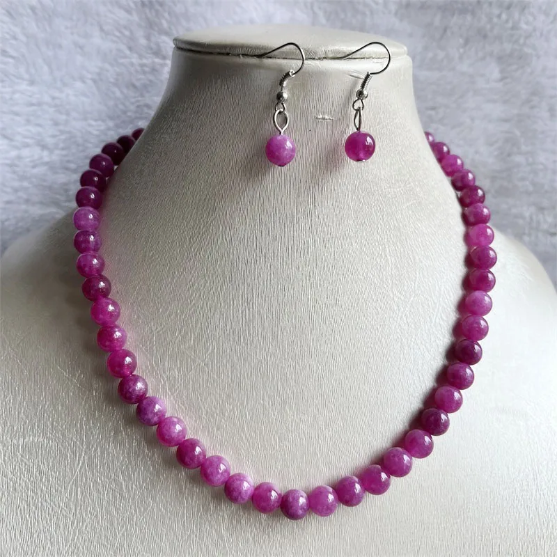 8MM Purple Red Rubellite Jade Necklace Earrings Set Natural Beads Women Varnish Preciosas Stone