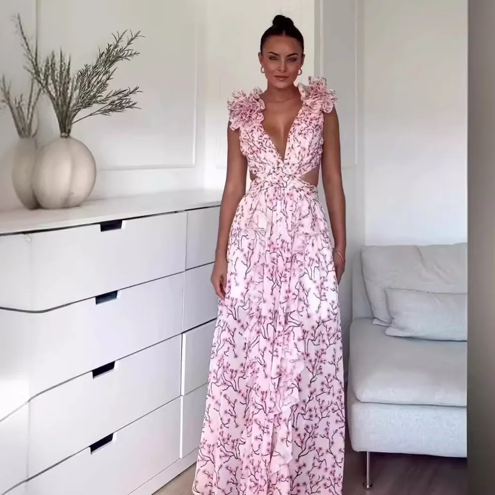 

Summer 2023 Cross-Border New Faion Countryside Print Sexy Bal Strap Midi Skirt High Waist Knitted Thiened Svel...