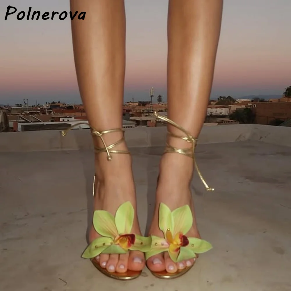 Flower Cross Tied Sandals Round Toe Thin Heels Lace Up Ankle Band Shoes Summer Lovely Sexy Boat Orchids Fashion Summer Shoes
