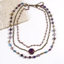 Fashion Bohemian Women Jewelry Accessory Purple /Orange/Dark Blue Color 3 Layer Natural Stone Crystal Glass cHOKER Necklace