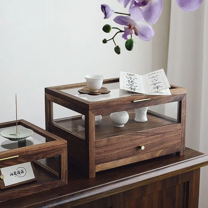 خزانة عرض تخزين المجوهرات، زجاج صيني جديد، خشب الجوز الصلب، صندوق تخزين مكتبي شفاف مغطى بشاشة أمريكا الشمالية