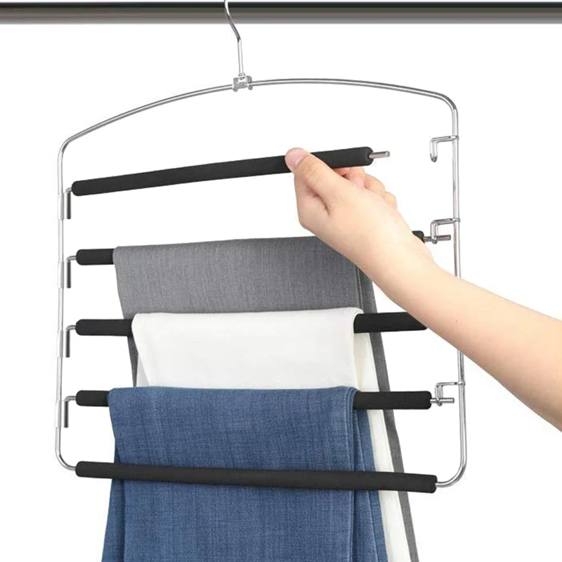 Promotion! Pants Hangers 5 Layers Metal Slack Magic Hangers Non-Slip Foam Padded Swing Arm Space Saving Hanger Clothes Closet St