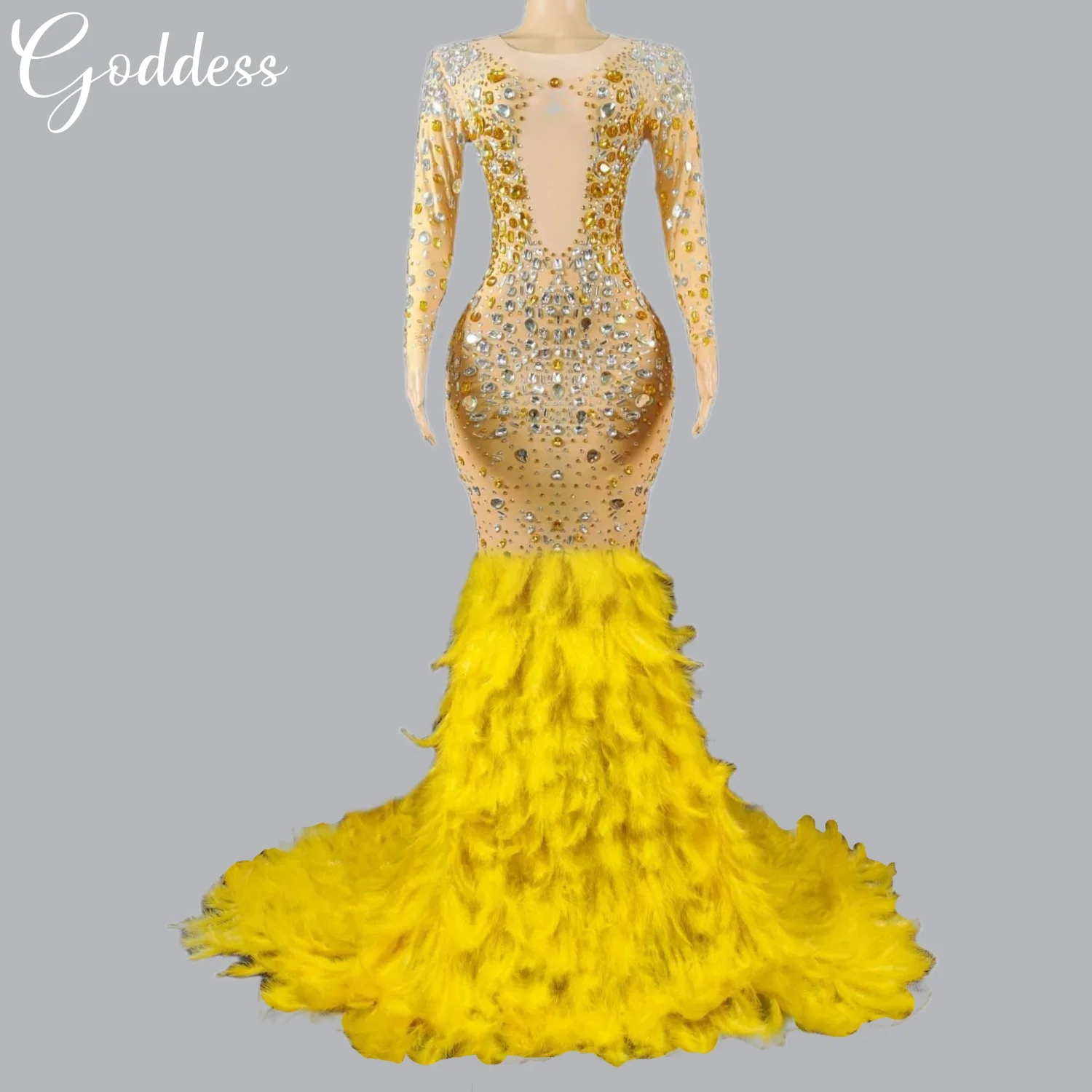 Sparkly Rhinestones Feathers Sexy Long Dress Birthday Celebrate Party Dress Women Photo Shoot Wear Stage Costume Evening Gown