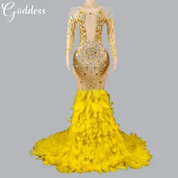 Sparkly Rhinestones Feathers Sexy Long Dress Birthday Celebrate Party Dress Women Photo Shoot Wear Stage Costume Evening Gown