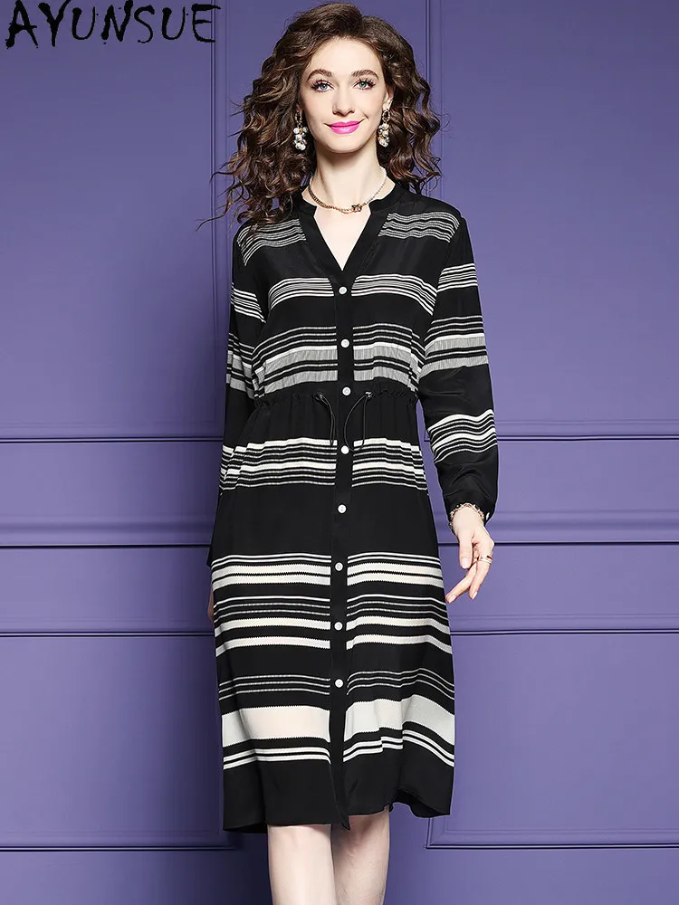 AYUNSUE 100% Real Mulberry Silk Dress Elegant Dresses for Women Summer Clothes Fashion Shirt Dresses Striped Платье Женское