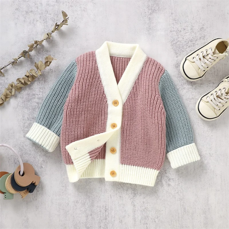 

Suefunskry Toddler Baby Knitted Sweater Coat Contrast Color Casual Warm Long Sleeve Button Cardigan Infant Fall Winter Knitwear