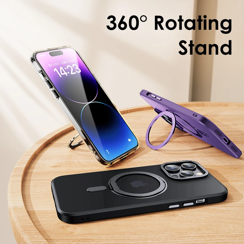 Magnetic Phone Case with Ring Holder, Frosted Transparent Cover, 360 ° Rotation Stand, iPhone 17, 12, 13, 14, 15, 16 Pro Max, 16