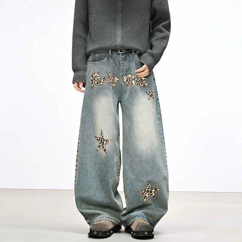 Niche Design Men's Spring Autumn Jeans Star Leopard Printing Contrast Color Casual Trousers Straight Wide Leg Loose Male Jeans