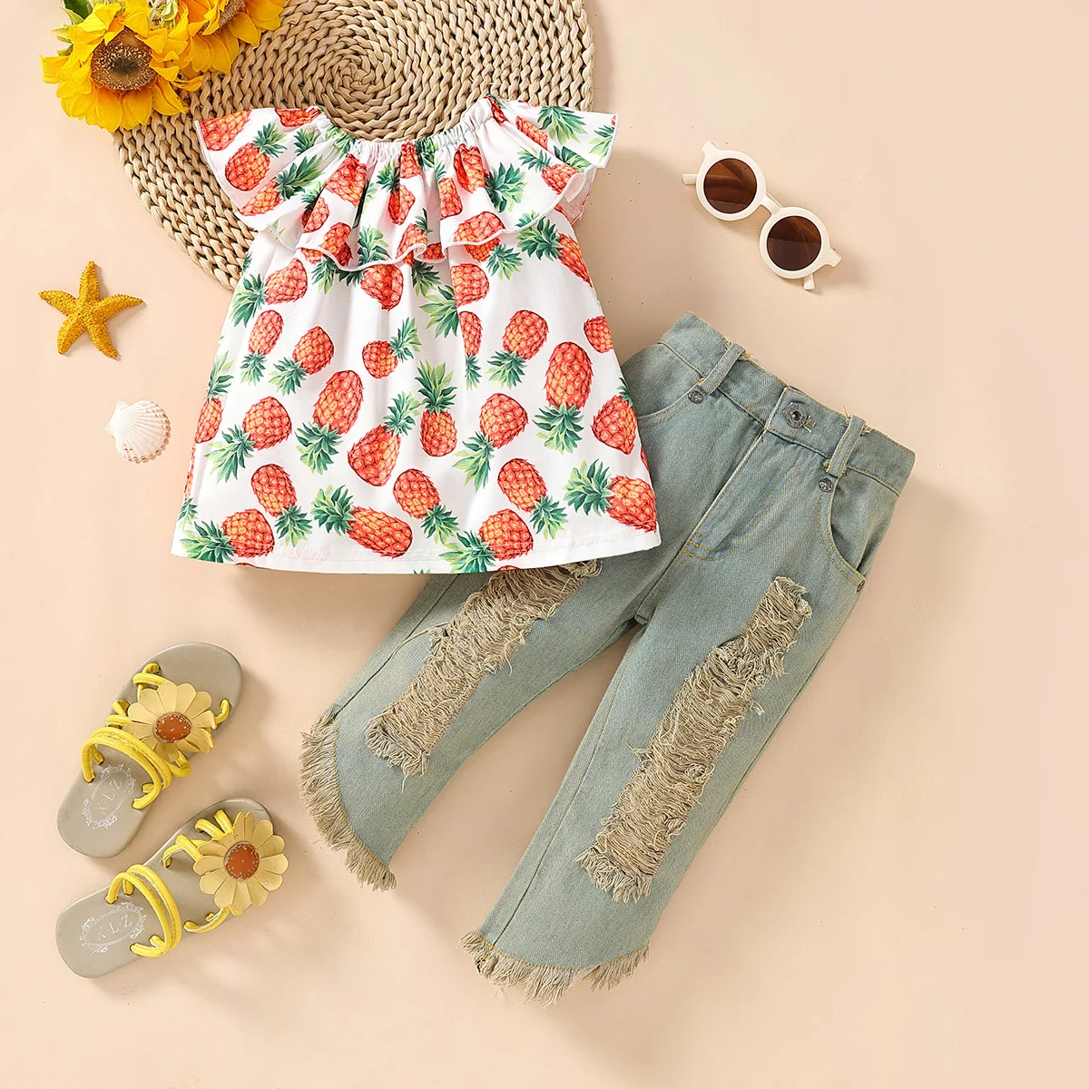 

Samgami baby Summer new fashion girls suit pineapple off the shoulder top ripped jeans summer dress