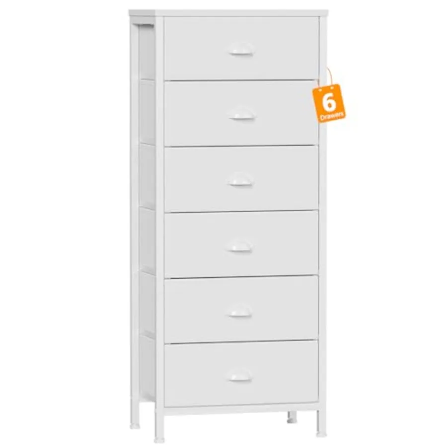 

White Tall Dresser for Bedroom with 6 Fabric Drawers Vertical Storage Tower Unit in Living Room Closet Entryway Hallway Nightst