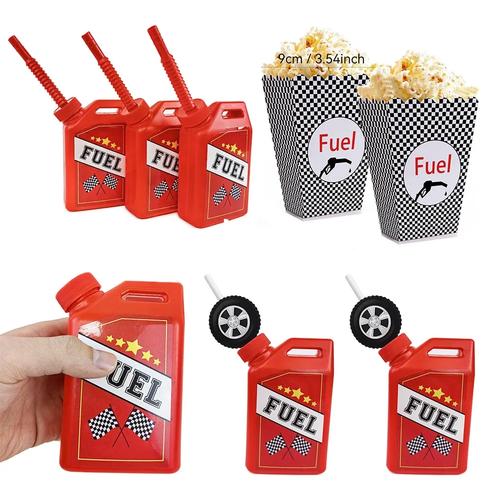 Vasos para beber de coche de carreras, lata de combustible para coche, botella de plástico, cajas de palomitas de maíz para coche de carreras, suministros para fiesta de cumpleaños para niños con tema de coche de carreras