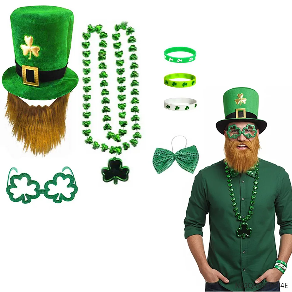 Lucky St. Patrick’s Day Costume Accessories:Leprechaun Hat, Beard, Shamrock Beads, Glasses, Wristbands Bow Tie Festive Irish Set