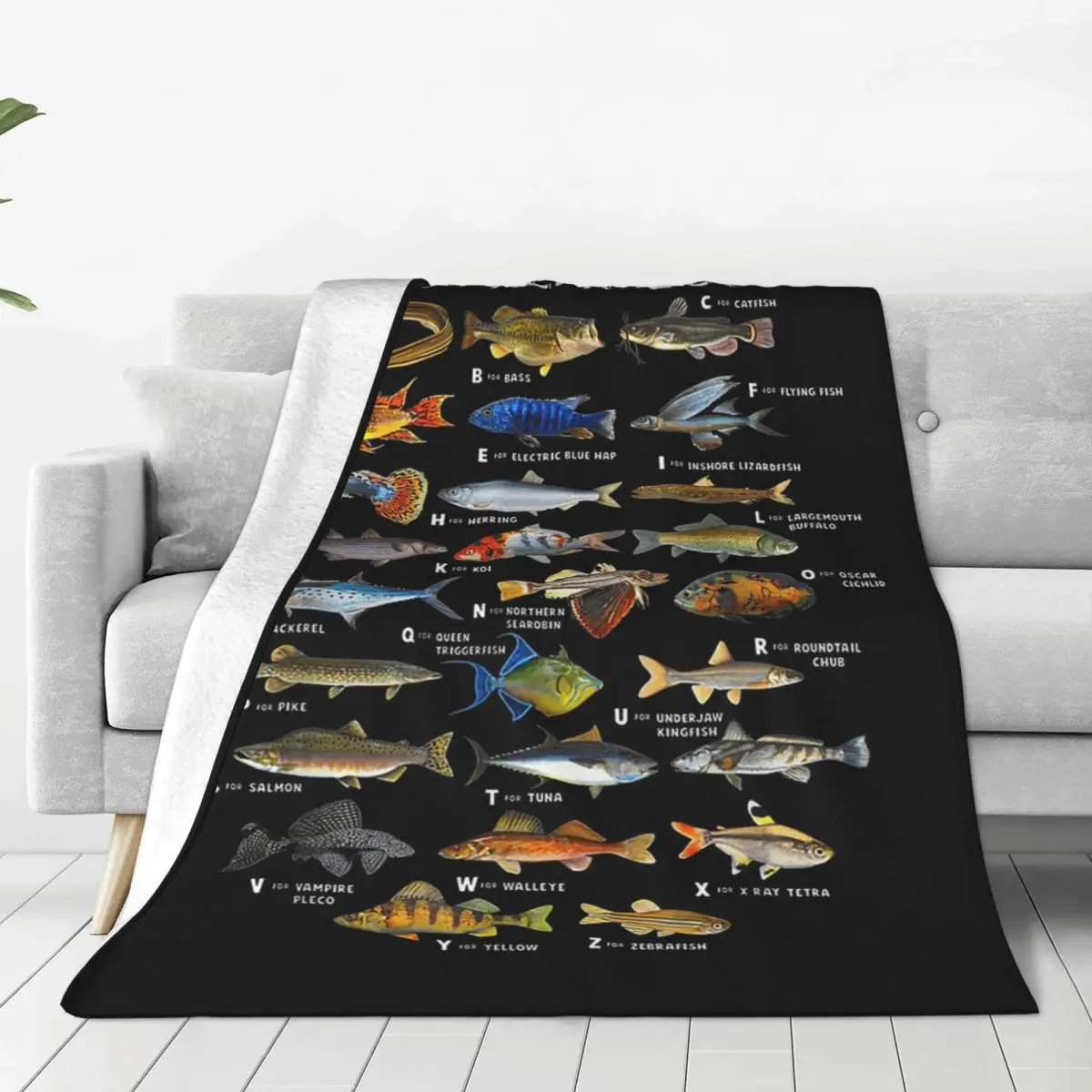 Fish Alphabet Educational Freshwater Species Fishing Blanket Soft Warm Flannel Throw  Plush for BedPicnic Travel Home Couch