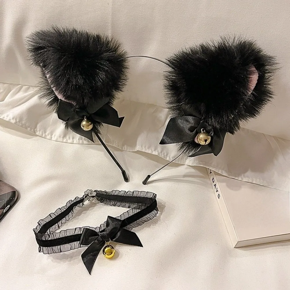 Conjunto de diadema con orejas de gato para mujer, tocado de Cosplay con lazo de Lolita, disfraz de Halloween de felpa Jk para niña