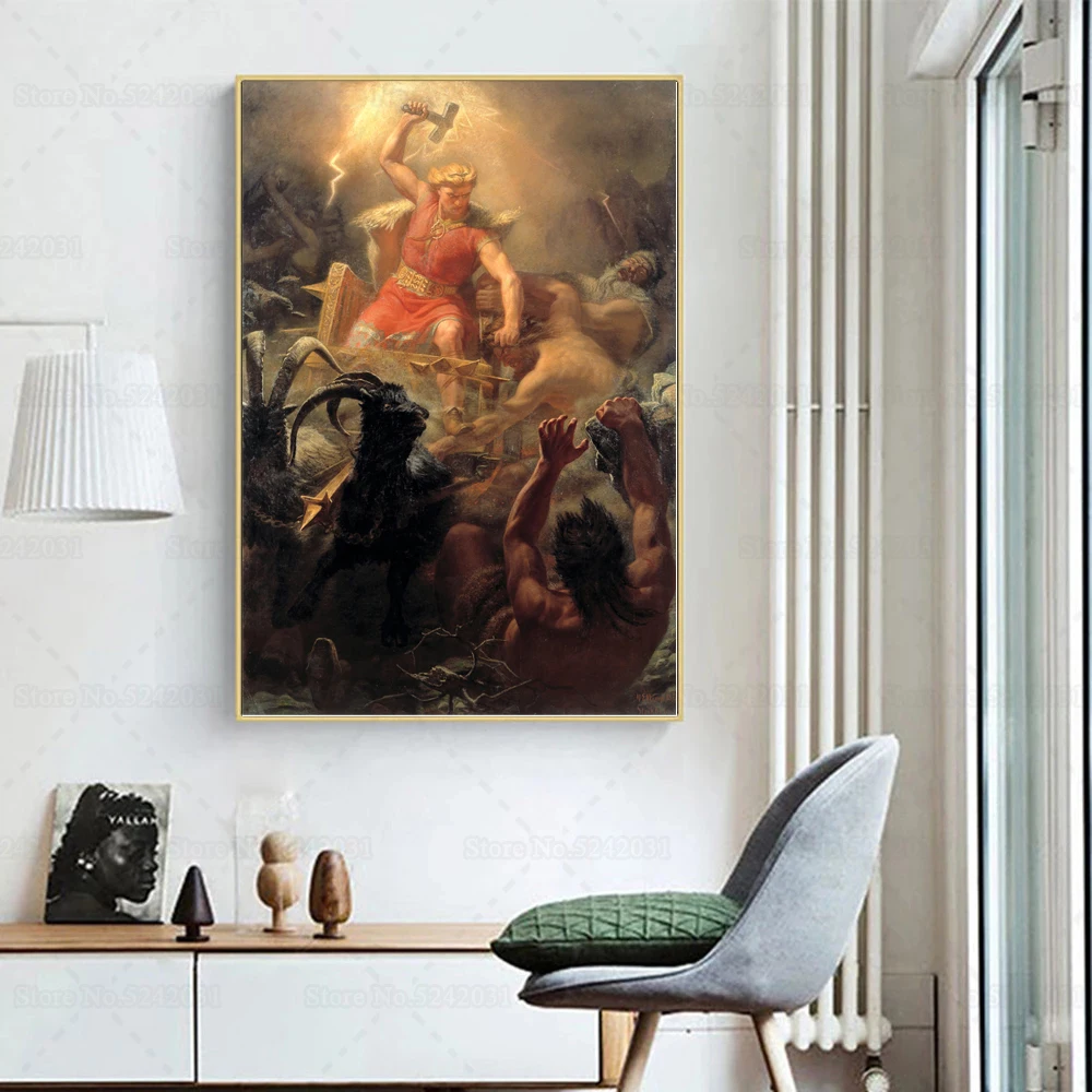 Thor's Fight with The Giants Canvas Painting By Martin Eskil Winge 1872 Vintage Print Poster Wall Art Decor
